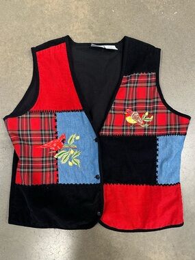 Blair Black Corduroy Vest with Red Plaid Patchwork